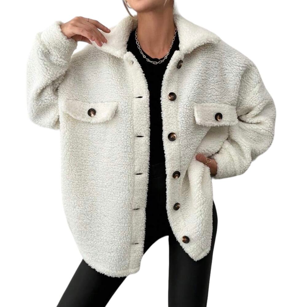 New York Laundry Teddy Shacket Womens Medium Cream Oversize Chunky‎ Baggy Warm